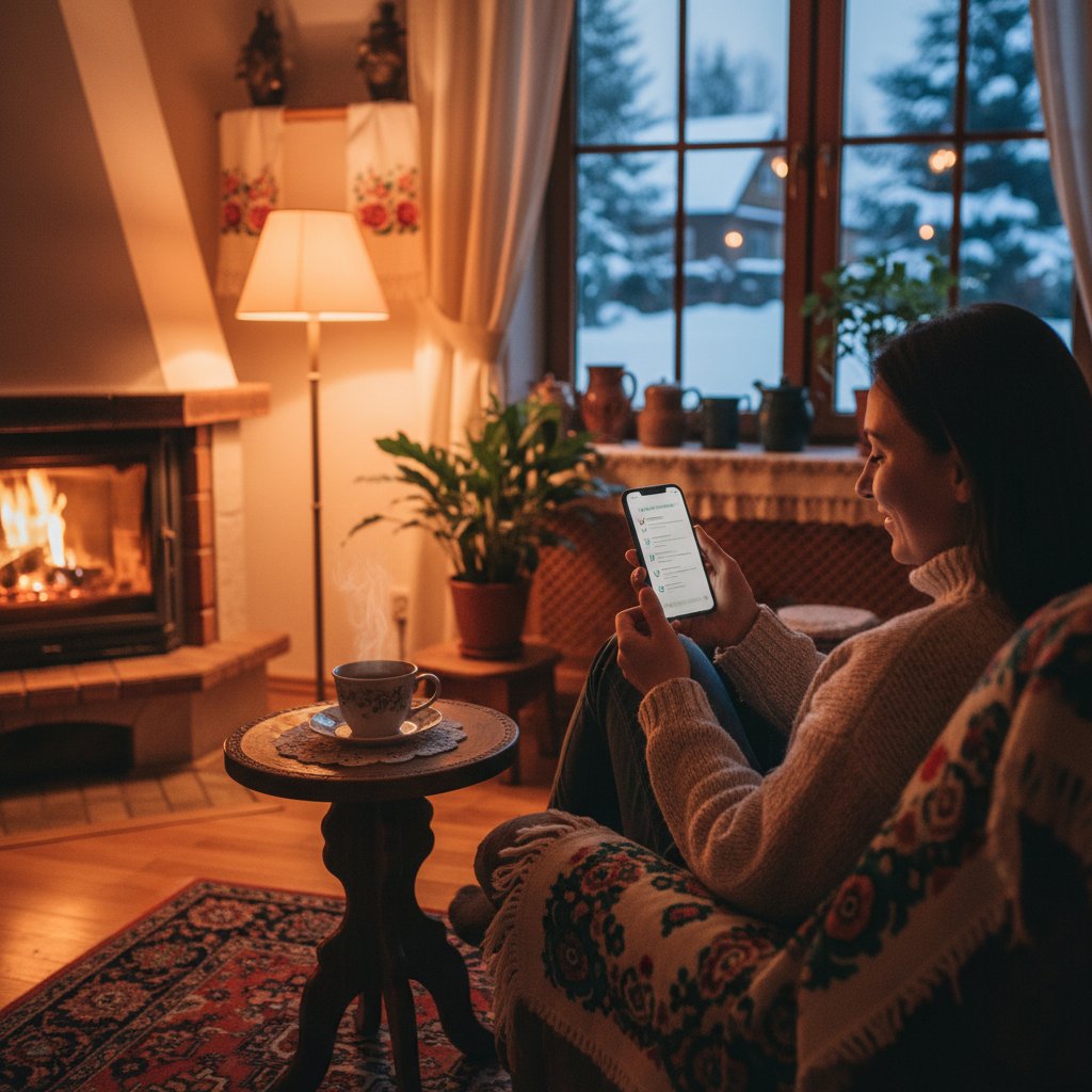 Osoba sprawdzająca checklistę na smartfonie, relaksująca się przy herbacie, wieczór, polskie wnętrze