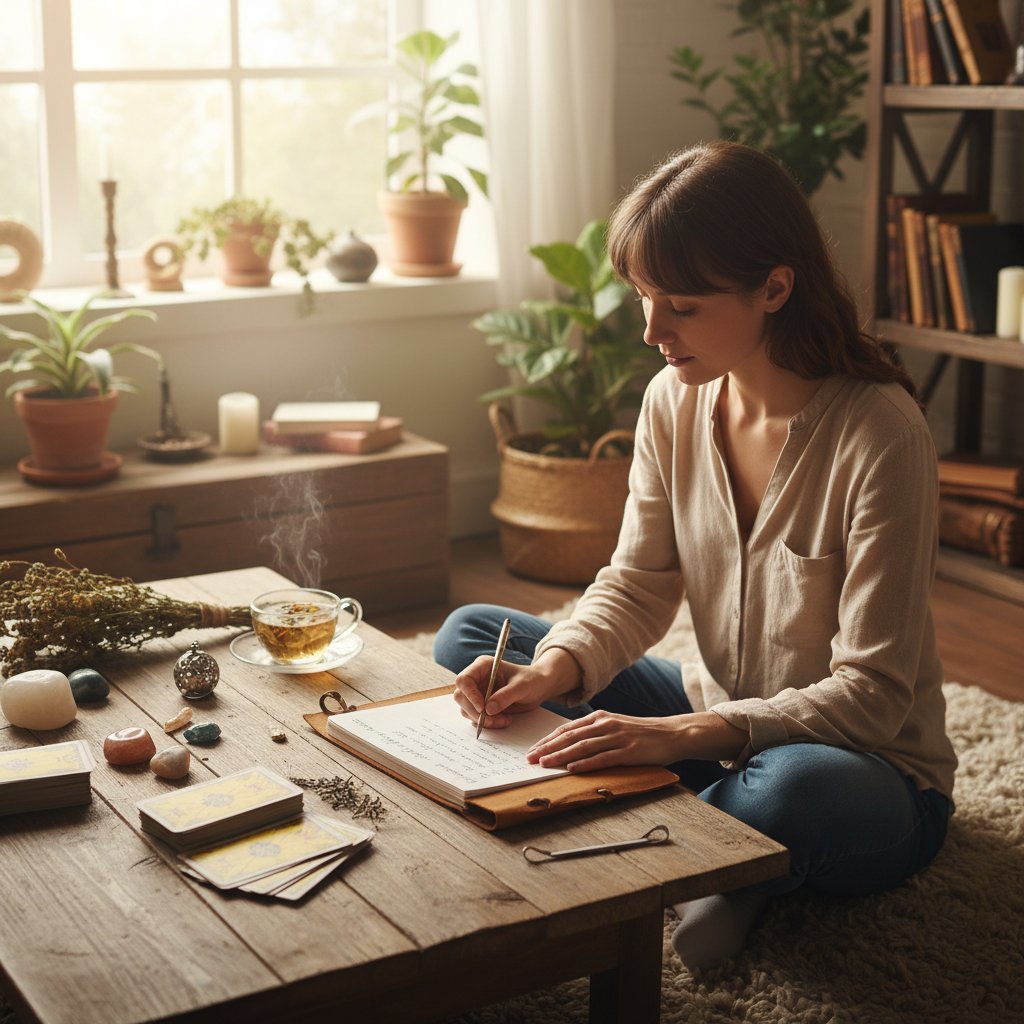 Osoba odhaczająca checklistę przygotowań do interpretacji wróżb, notes, karty i spokojne otoczenie