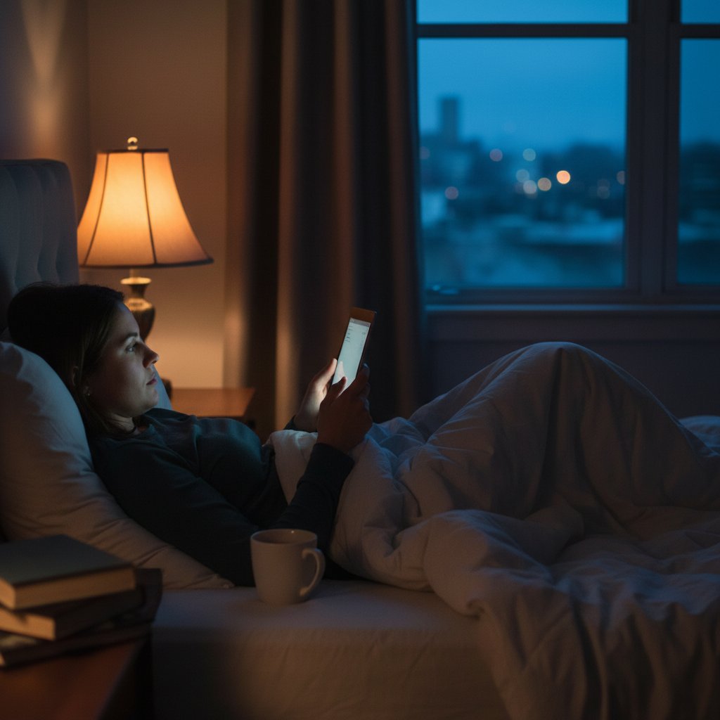 Osoba sprawdzająca maile wieczorem w łóżku, nastrojowe światło, nawyk cyfrowy
