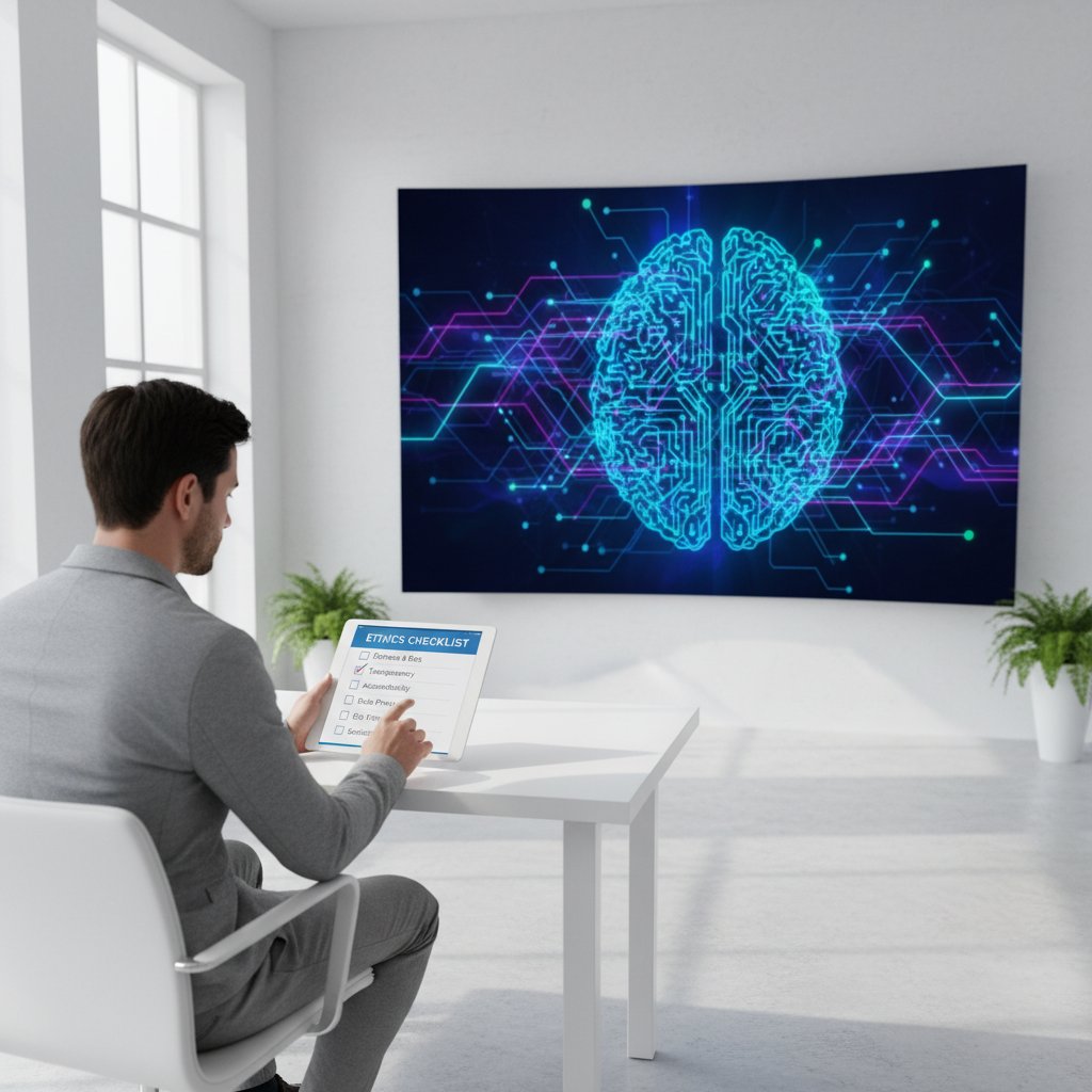 Osoba sprawdzająca checklistę etyczności AI na tablecie, robot w tle, białe biuro