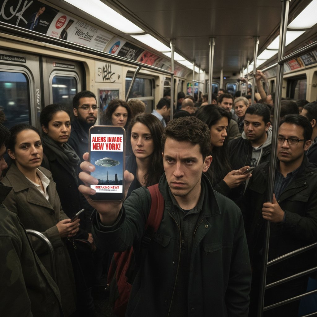 Osoba sprawdzająca fałszywe newsy na smartfonie w zatłoczonym metrze