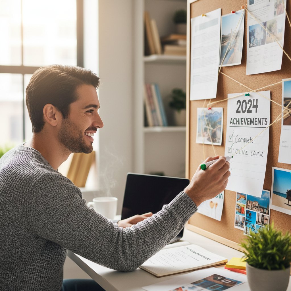 Osoba odhaczająca zadania na liście celów, uśmiechnięta i skoncentrowana, symbolizująca skuteczność planu