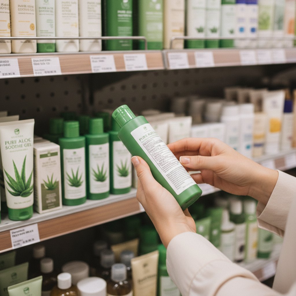Osoba sprawdzająca skład produktu z aloesem na sklepowej półce, skupiony wyraz twarzy