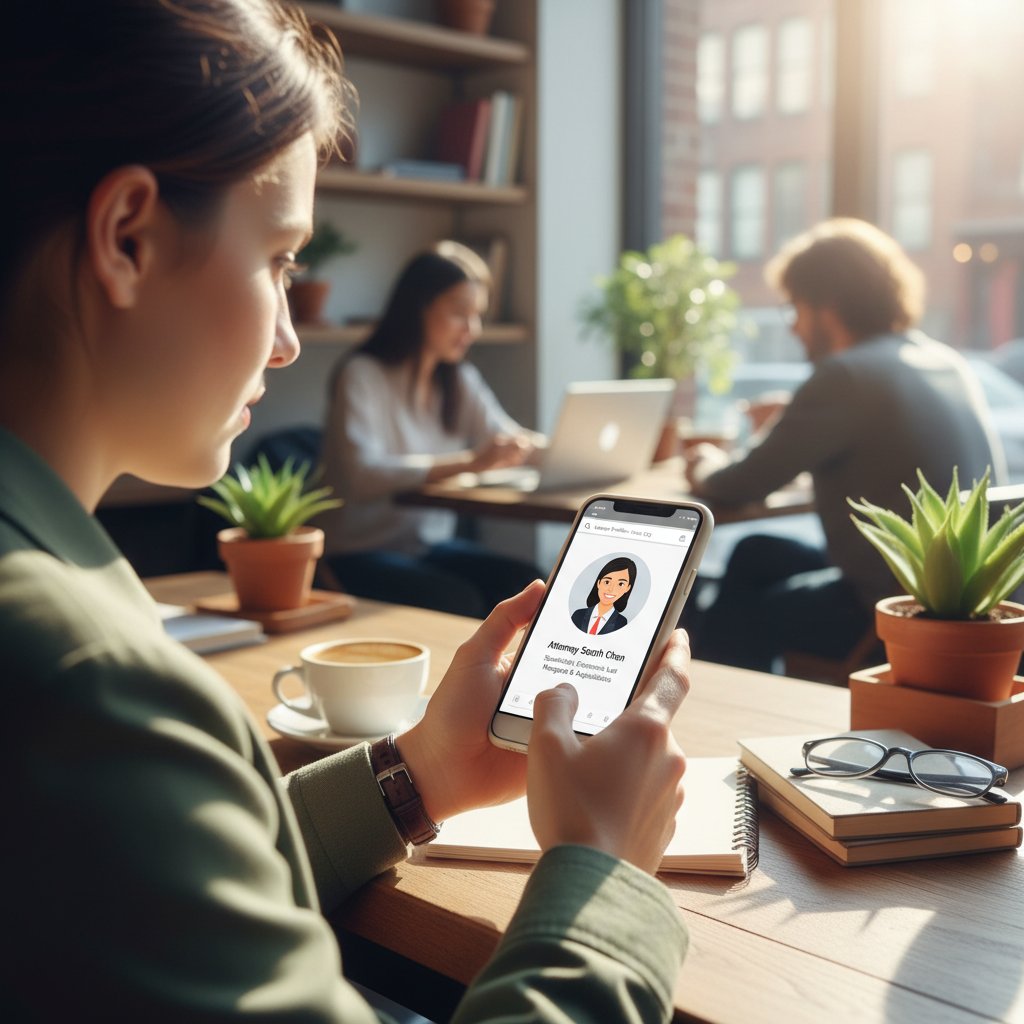 Osoba sprawdzająca profil prawnika online na smartfonie w kawiarni