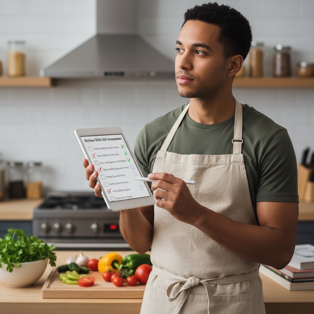 Osoba sprawdzająca listę umiejętności kuchennych na kartce – ocena własnego poziomu