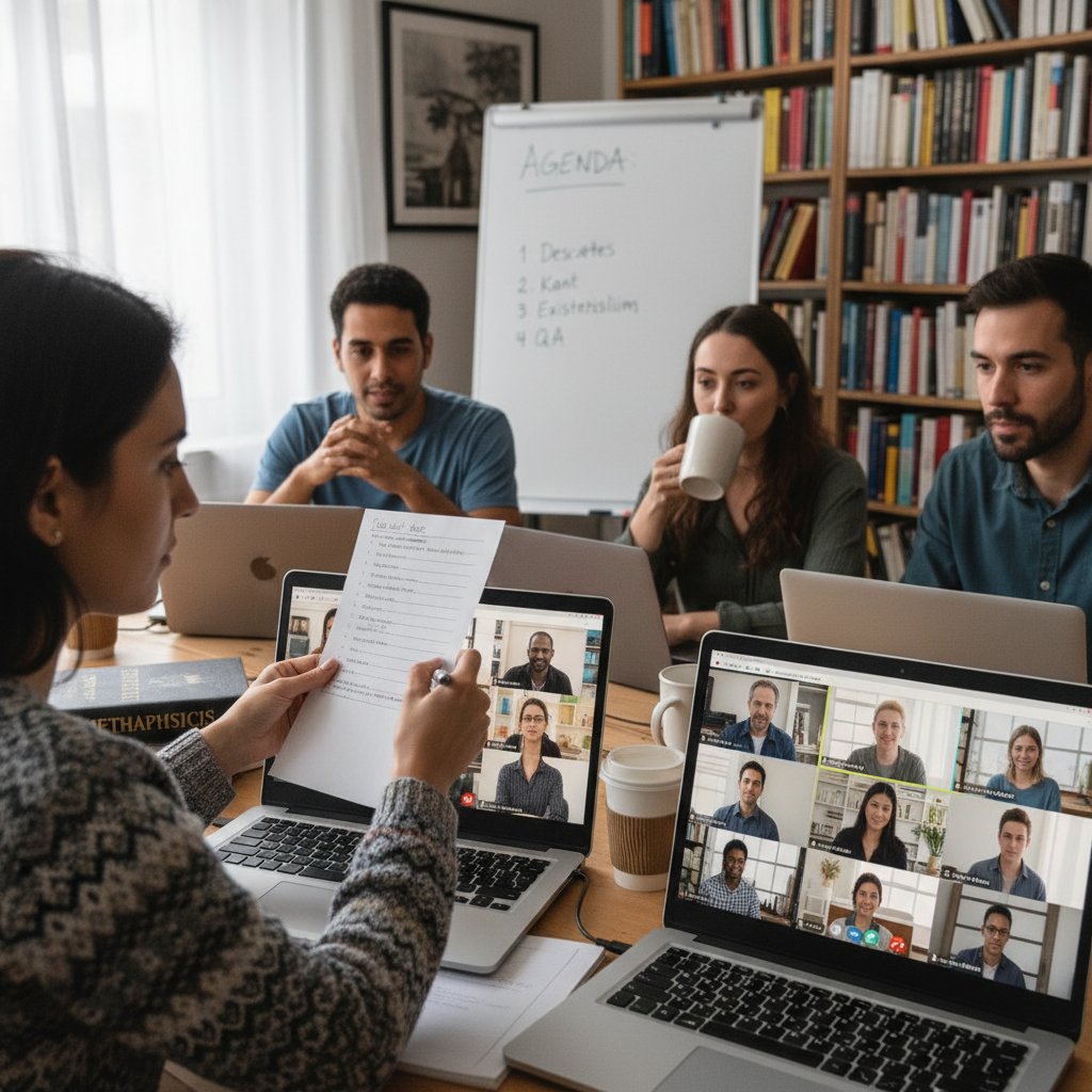 Osoba odhaczająca checklistę na ekranie laptopa, w tle grupa filozoficzna online