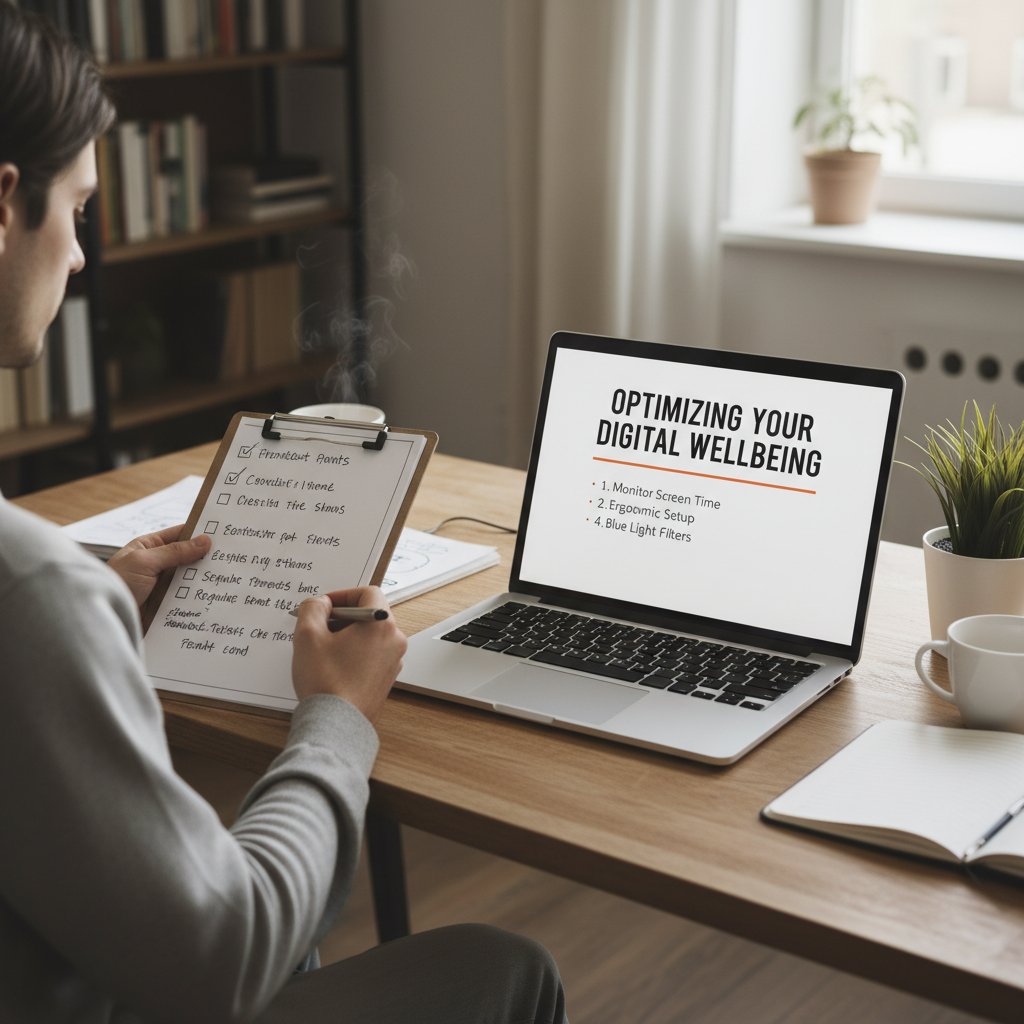 Osoba zaznaczająca checklistę w notesie na tle laptopa z otwartym artykułem medycznym