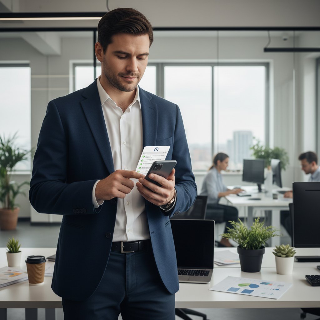 Osoba sprawdzająca listę na ekranie telefonu, tło biurowe – bezpieczny komunikator online