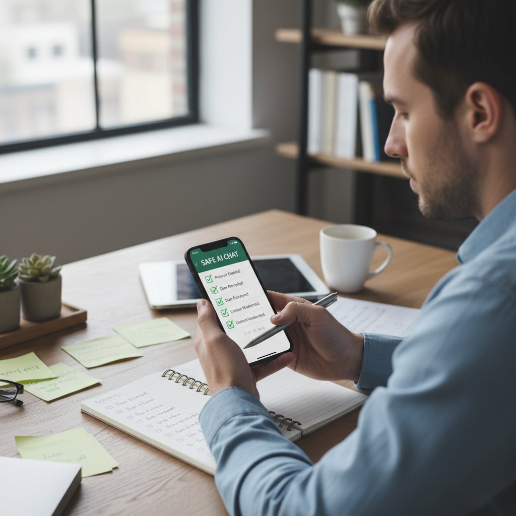 Osoba studiująca checklistę wyboru bezpiecznego czatu AI, nowoczesny biurko, smartfon, notatki
