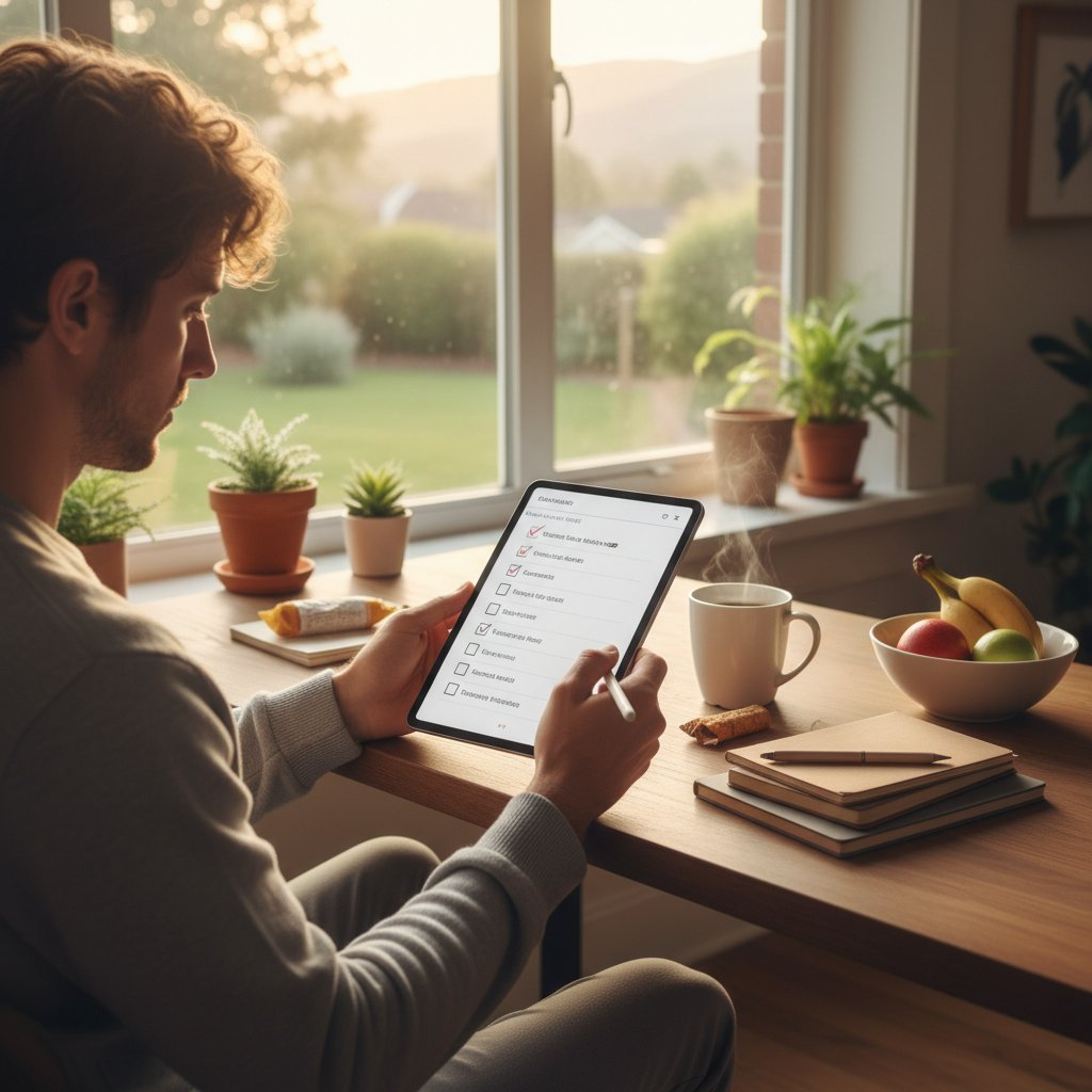 Grafika: osoba odhaczająca checklistę na tablecie, biurko, kawa, poranne światło