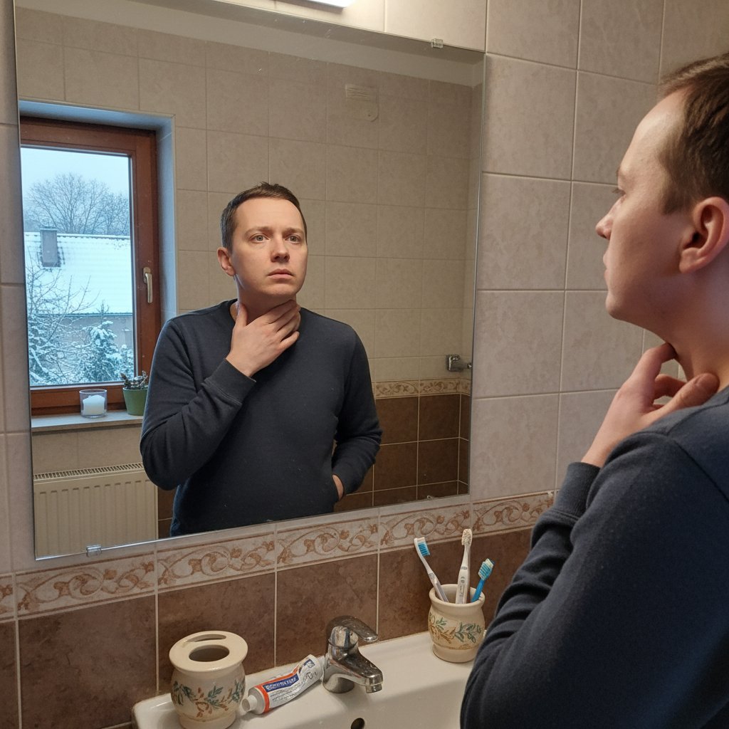 Osoba badająca szyję w lustrze – sytuacja domowa, niepewność
