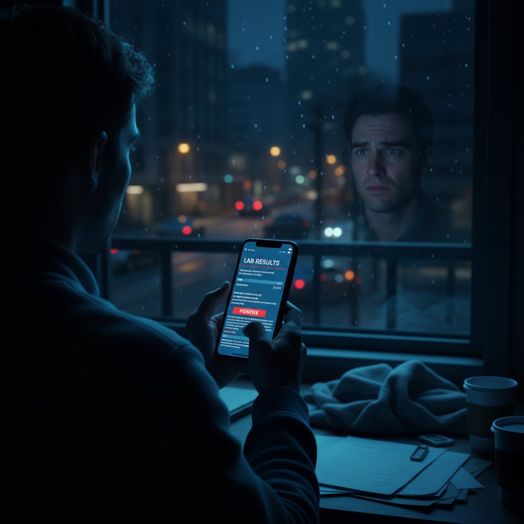 Osoba sprawdzająca wyniki badań na telefonie przy oknie nocą, niepokój, światło ekranu, stres