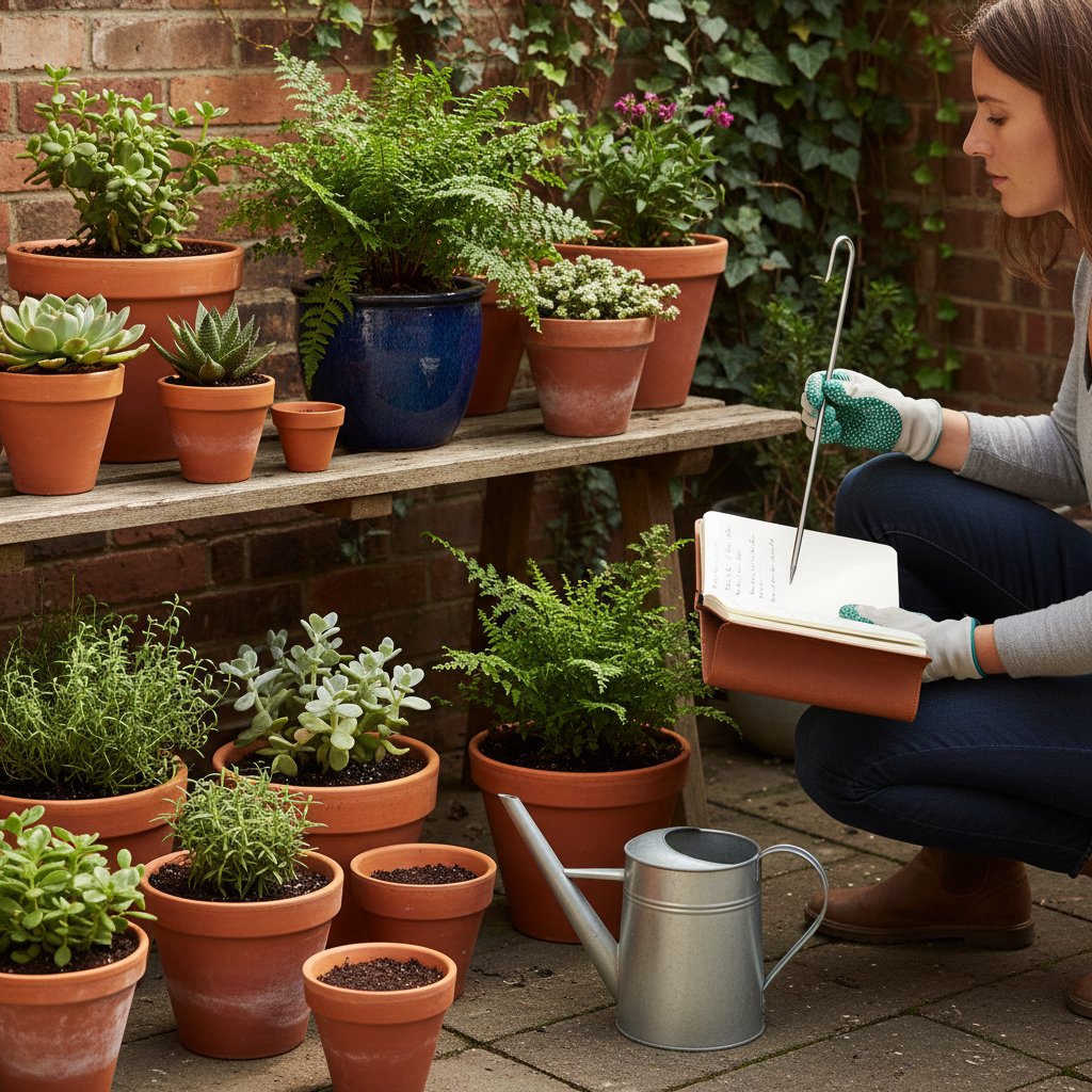 Zdjęcie osoby sprawdzającej wilgotność ziemi w kilku doniczkach, notes i konewka w tle