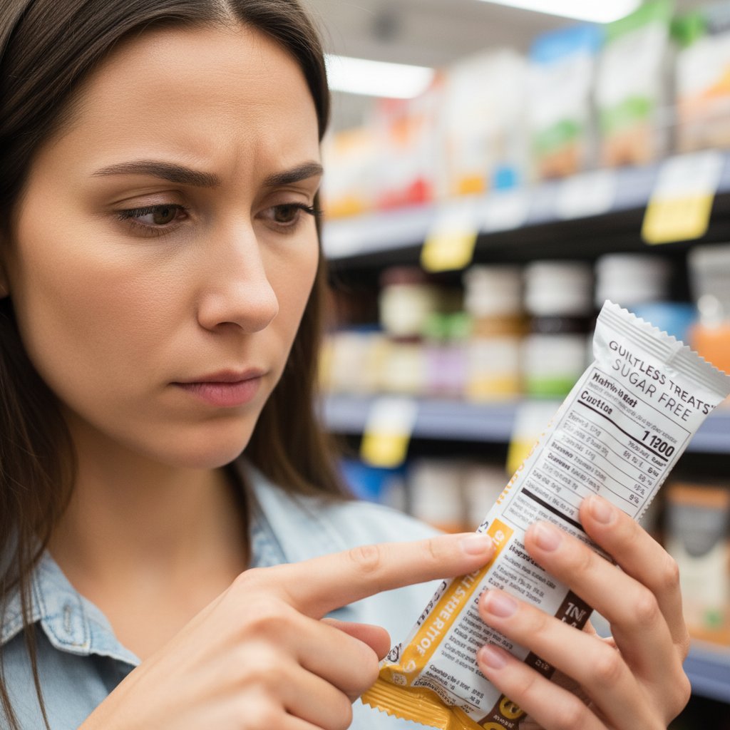 Osoba w sklepie analizująca etykietę batonika bez cukru, skupiona mina