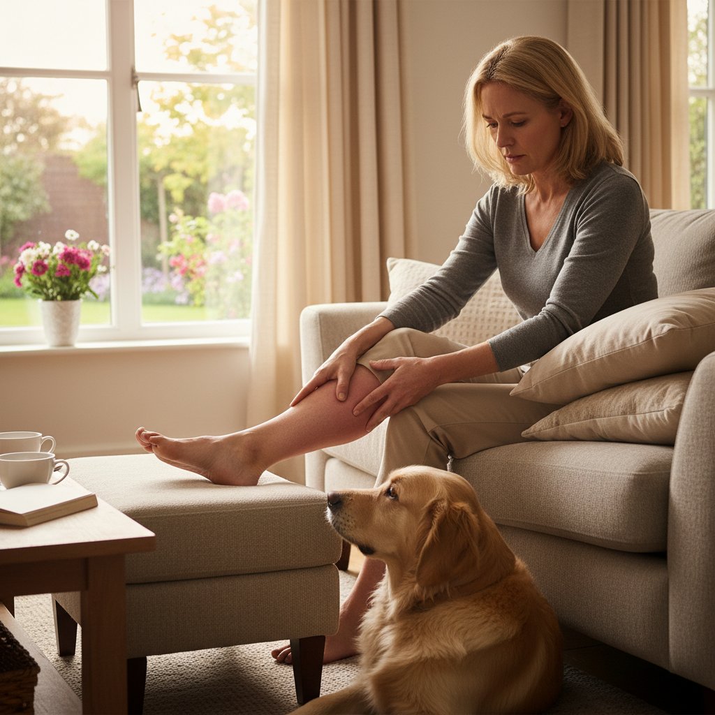 Zdjęcie osoby samodzielnie badającej nogę w domu – samokontrola obrzęku