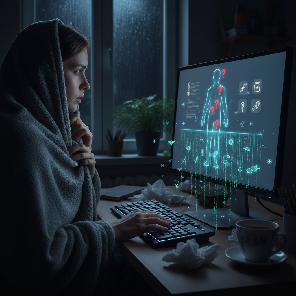 Osoba analizująca objawy przy komputerze w nocy, otoczona ikonami medycznymi i kodem