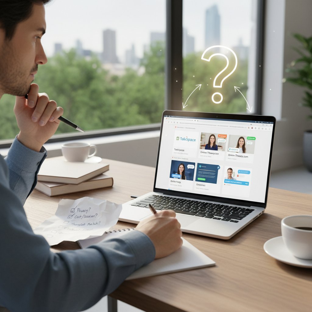 Osoba z checklistą przed laptopem wybierająca platformę czatu terapeutycznego