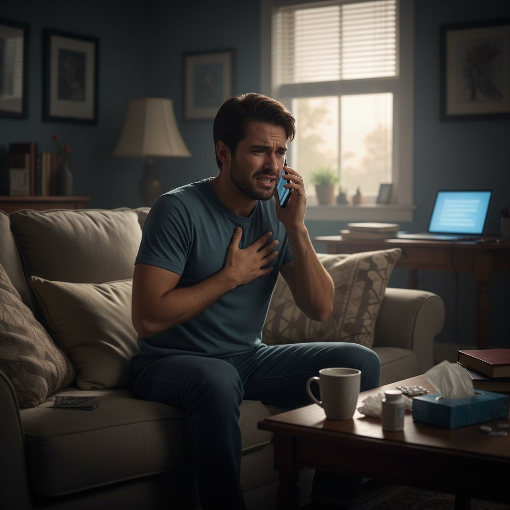 Osoba trzymająca się za klatkę piersiową, z wyrazem niepokoju na twarzy, w domowych warunkach