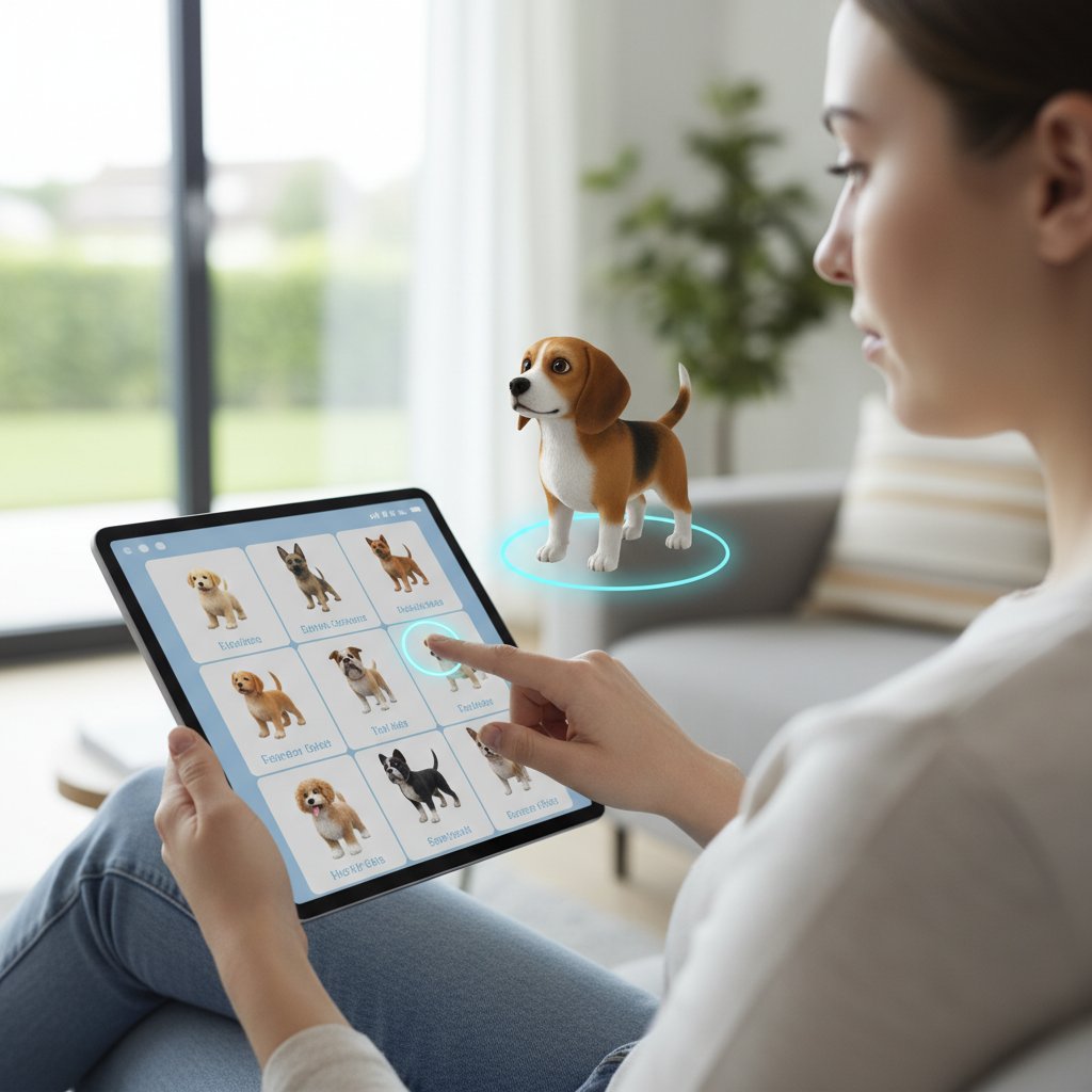 Person wählt Rasse und Aussehen für virtuellen Hund auf Tablet, Individualisierung sichtbar