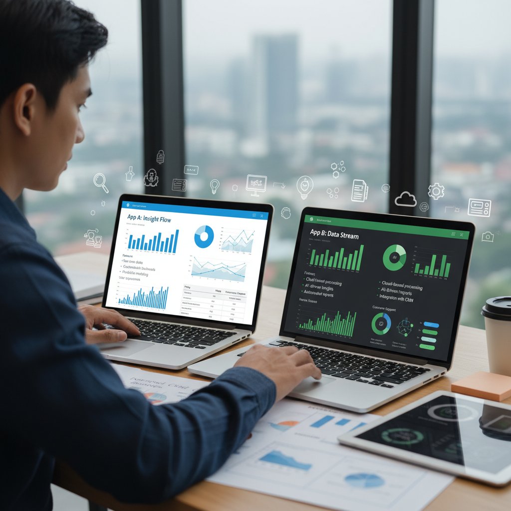 Osoba wybierająca aplikację analityczną na laptopie, porównując funkcje na ekranie