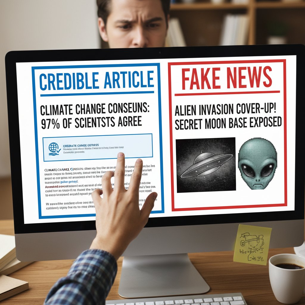 Osoba wybierająca pomiędzy rzetelnym artykułem a fake newsem na ekranie