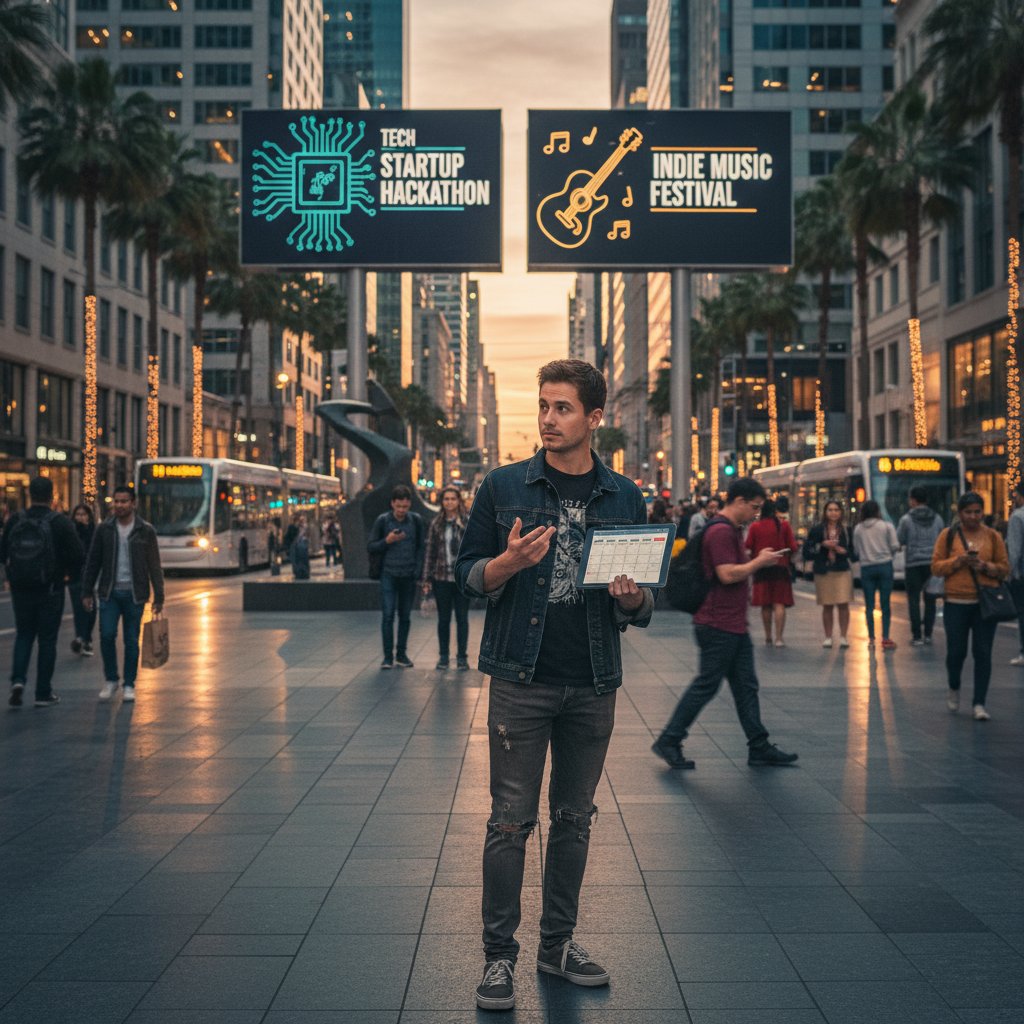 Wybór wydarzenia kulturalnego – osoba analizująca plakaty wydarzeń w centrum miasta