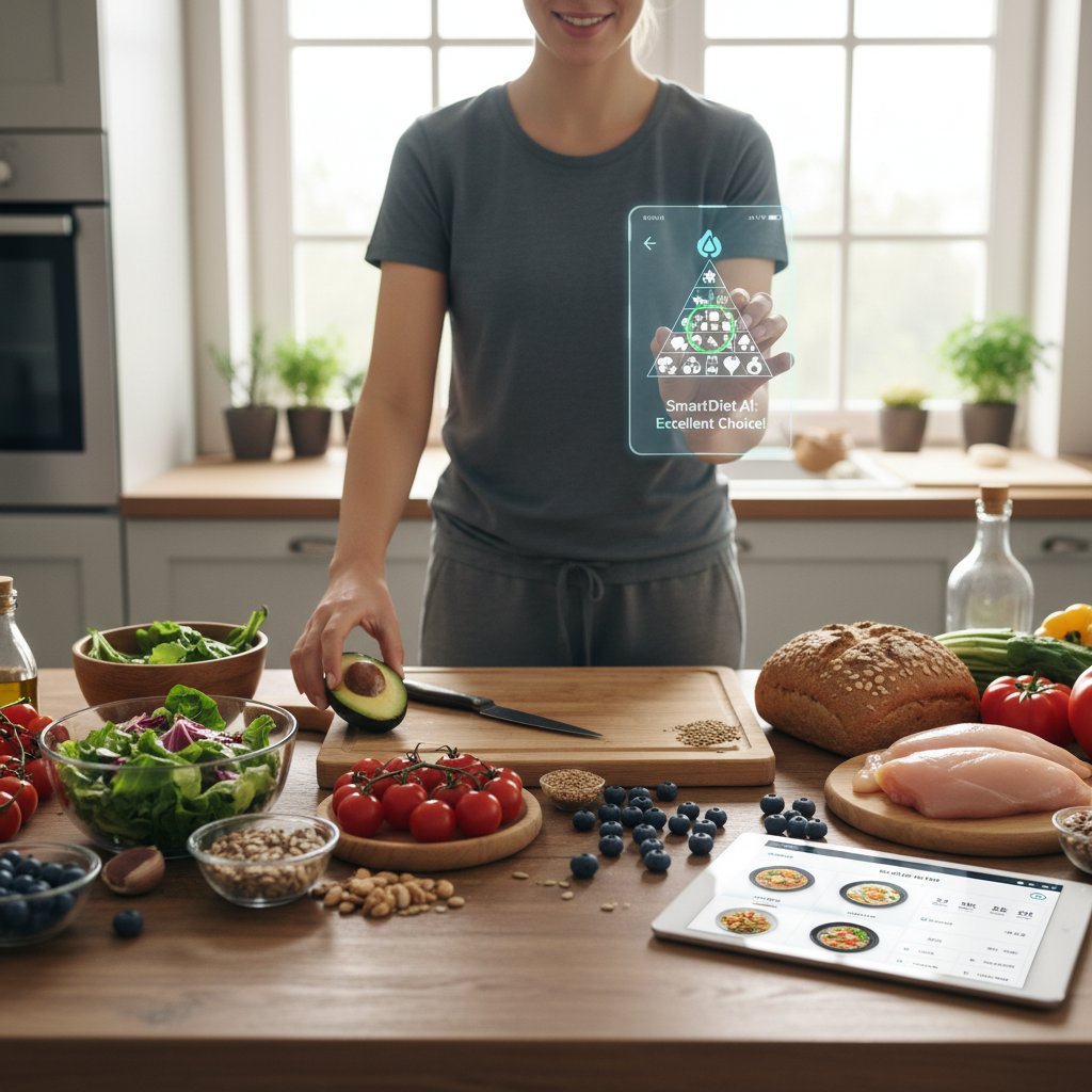 Osoba wybierająca składniki do diety z pomocą AI, zdrowe produkty na stole