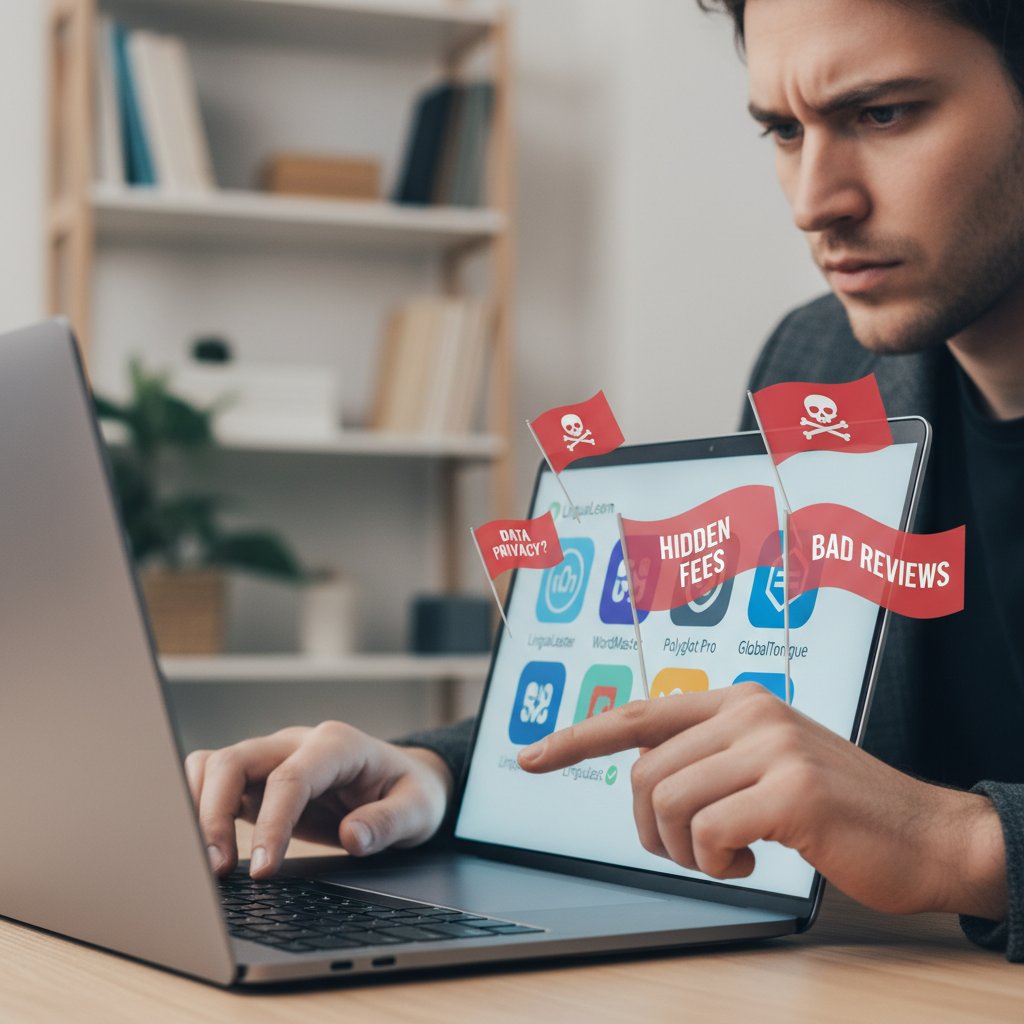 Osoba analizująca różne platformy do nauki niemieckiego online, ekran laptopa z czerwonymi flagami, skupienie