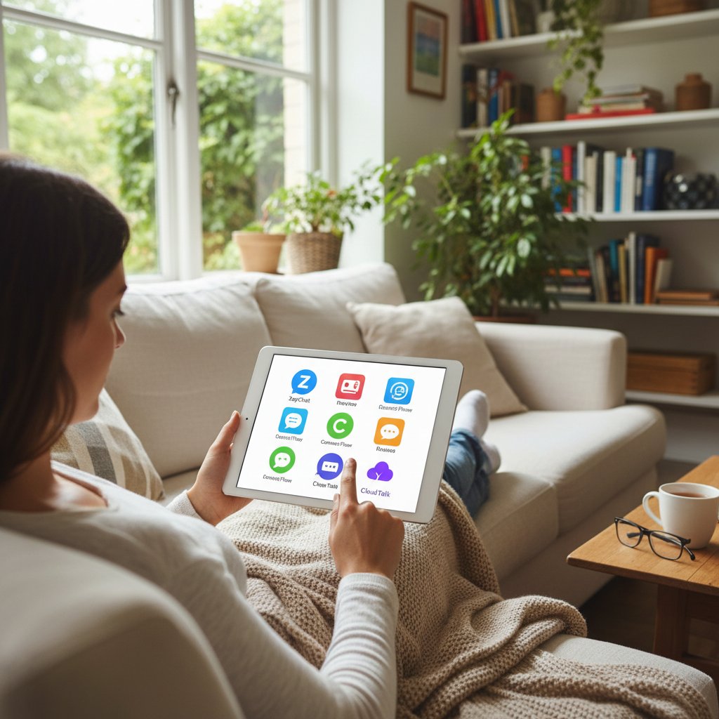 Osoba wybierająca platformę do rozmów online na tablecie, komfortowa domowa sceneria