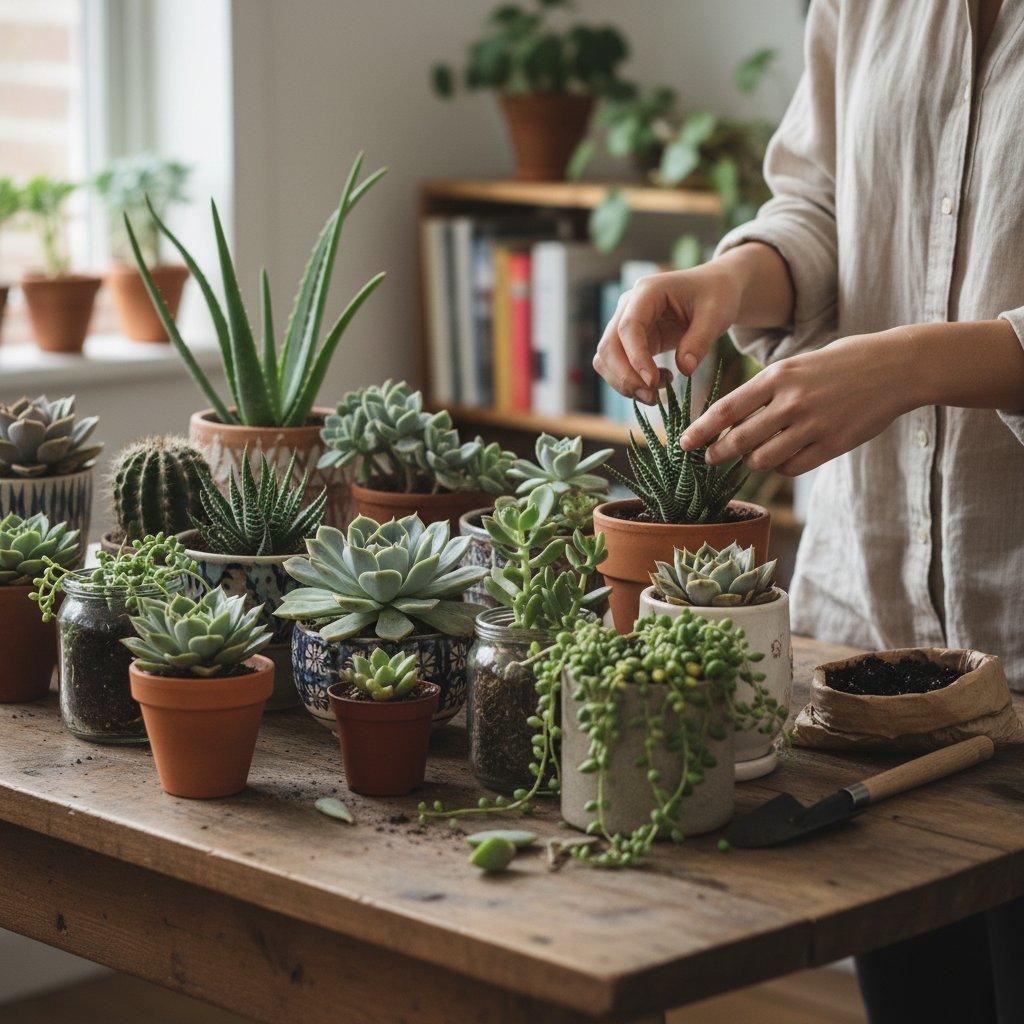 Stół z różnymi sukulentami i osobą wybierającą roślinę, domowy klimat