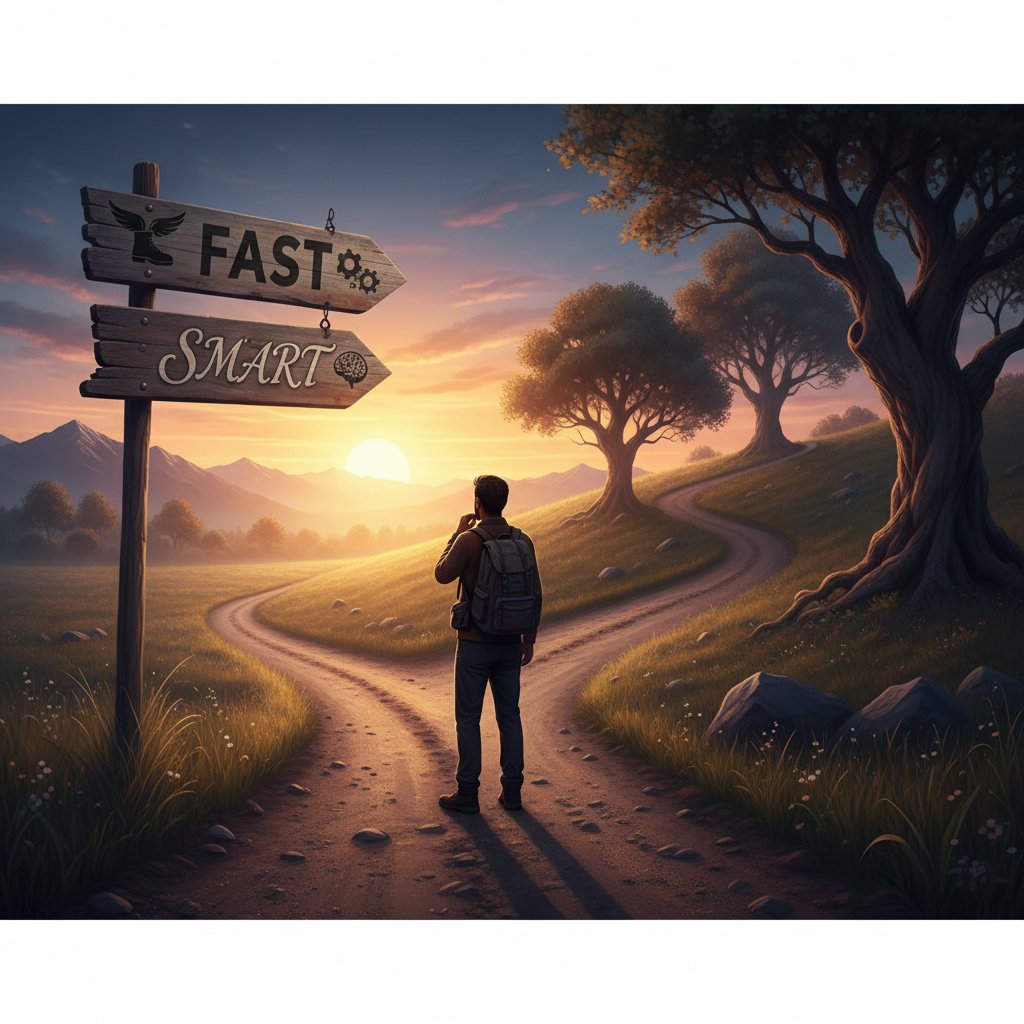 Osoba wybiera między dwiema drogami, znak 'szybko' i 'mądrze', wschód słońca