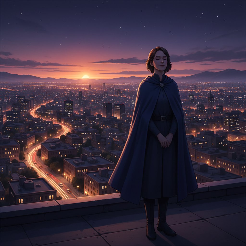 Osoba patrząca pewnie w przyszłość, widoczny spokój i harmonia na twarzy, w tle miejskie światła o zmierzchu