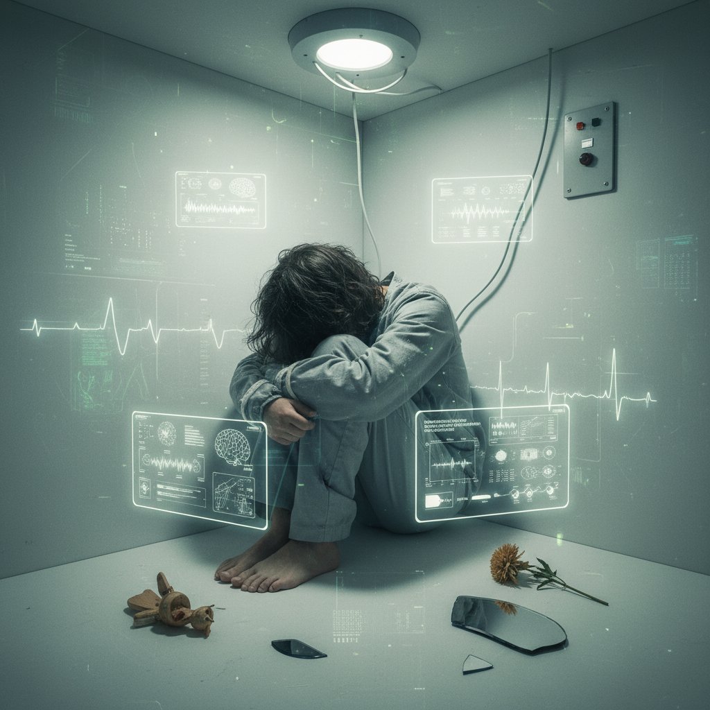 Osoba zamknięta w małym pokoju, symbolizująca psychologiczne skutki tłumienia potrzeby eksperymentowania