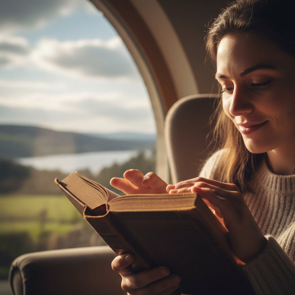 Person closing a book with a satisfied, contemplative expression, window light streaming in, symbolizing self-reflection