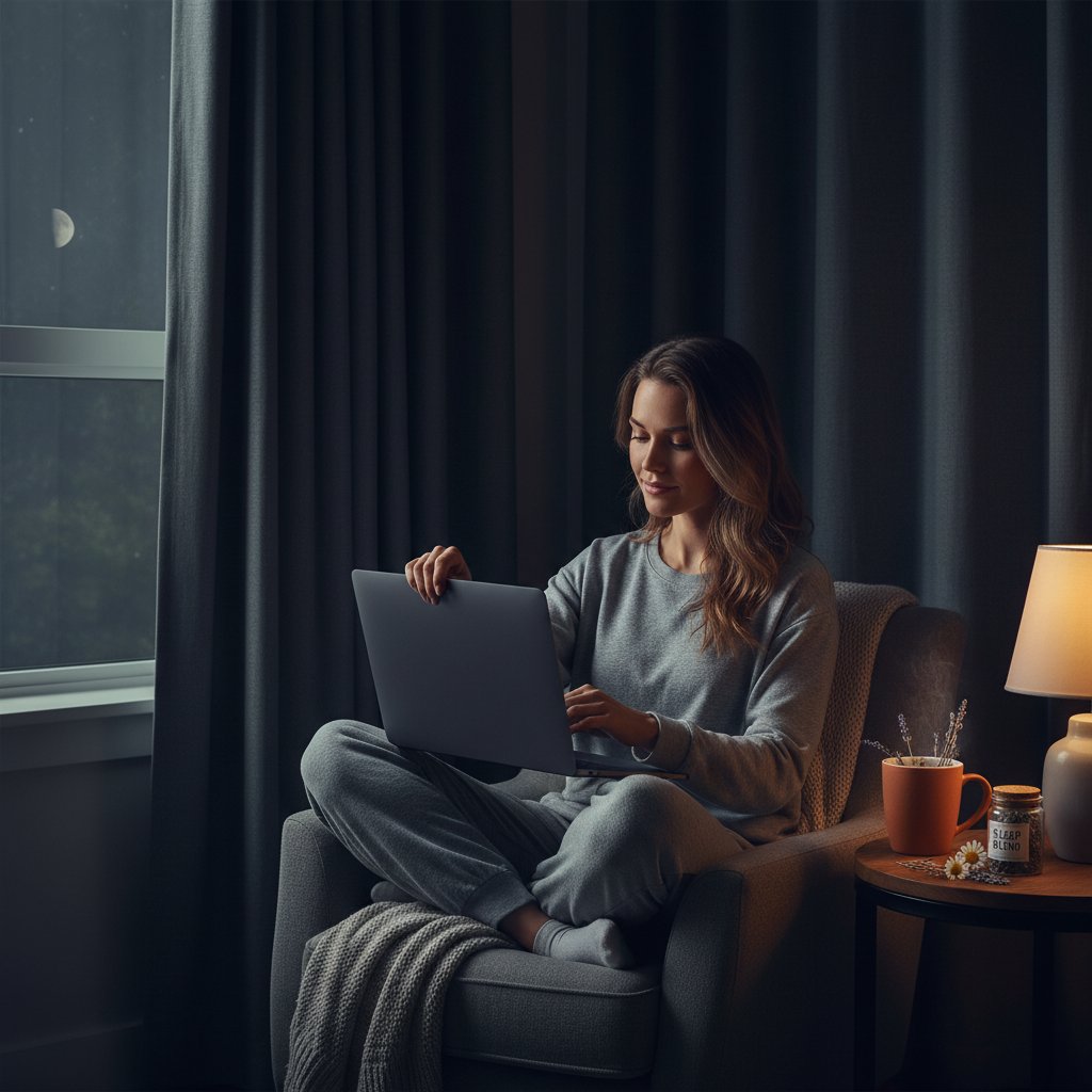 Osoba zamykająca laptopa przed snem, zasłonięte rolety, na stoliku kubek ziołowej herbaty, wieczorna atmosfera spokoju