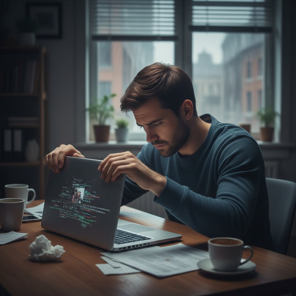 Osoba zamyka laptop, wyglądając na zniechęconą, atmosfera napięcia, typowy moment trudnej rozmowy online