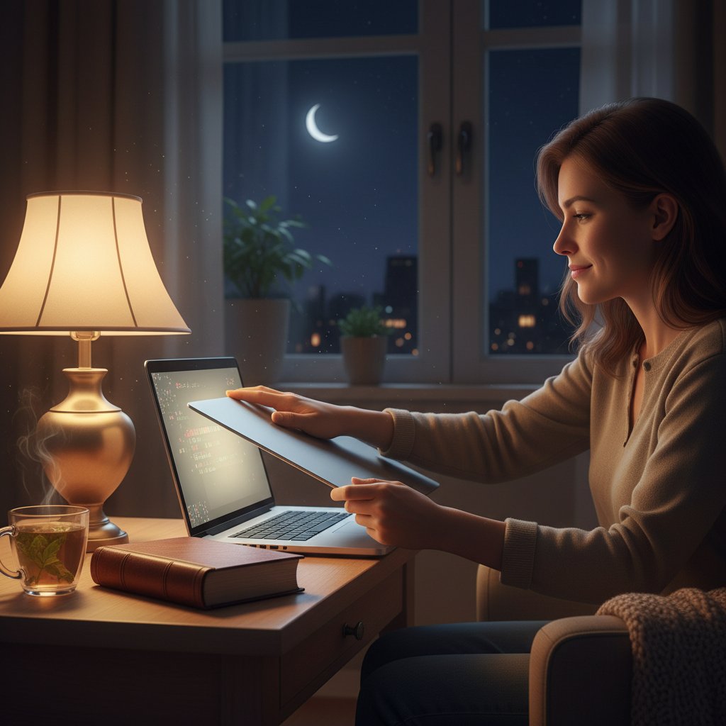 Osoba zamykająca laptopa przed snem i sięgająca po książkę, symbolizująca zdrową równowagę cyfrową