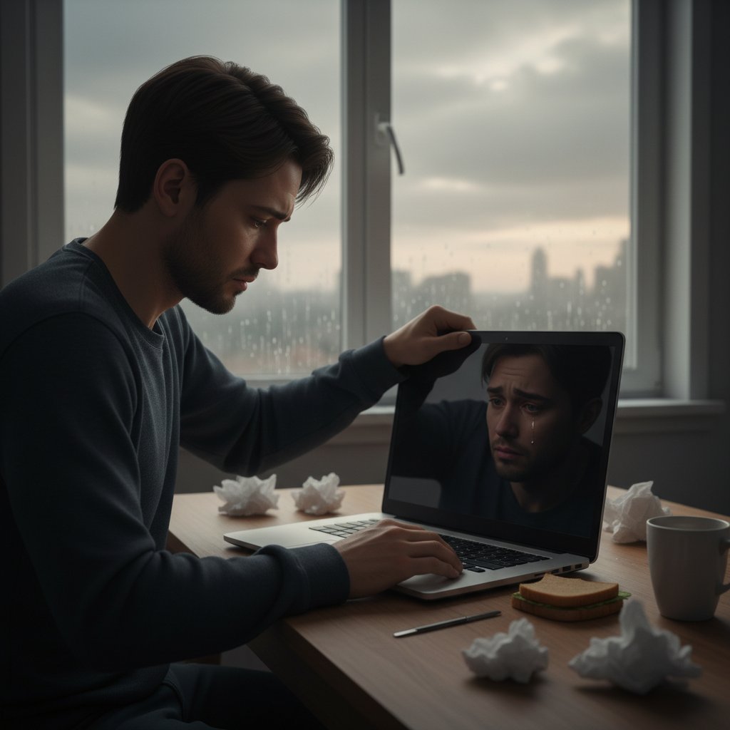 Osoba zamykająca laptopa ze smutkiem – ilustracja zawodu grupą wsparcia