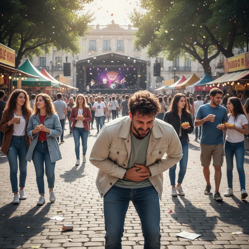 Osoba z grymasem bólu brzucha podczas imprezy, niezauważalnie cierpiąca