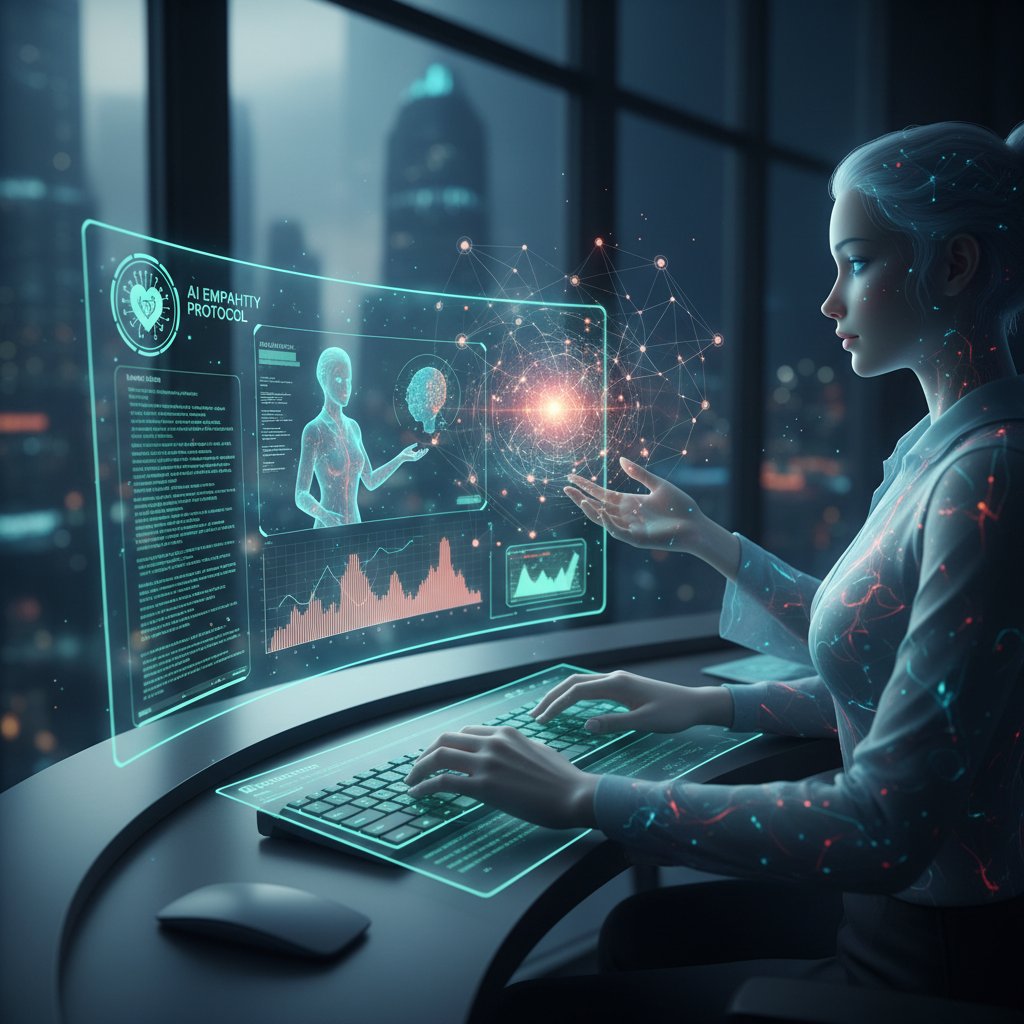 Zdjęcie osoby programującej komputer z wirtualnym awatarem na ekranie – symbol AI rozwijającego umiejętność empatii