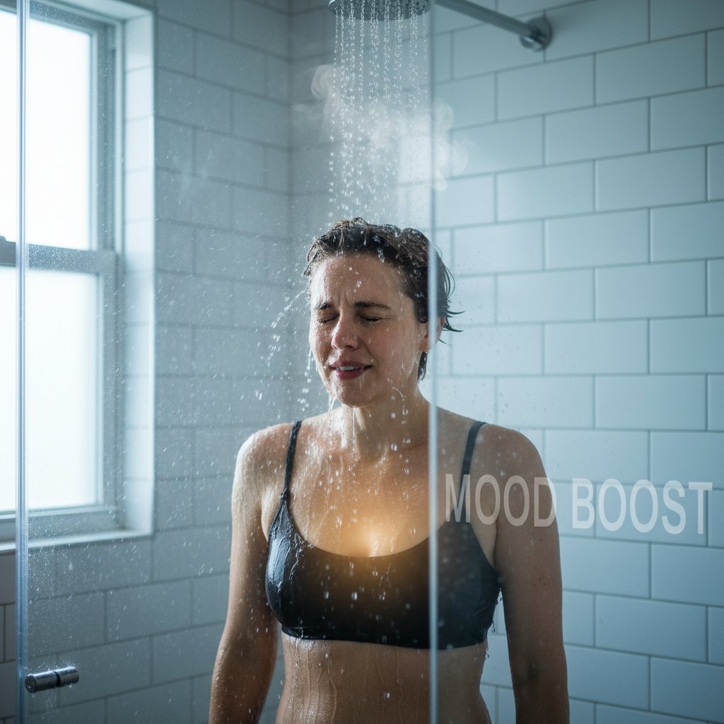 Osoba biorąca zimny prysznic z energicznym wyrazem twarzy, poprawa nastroju przez codzienne nawyki