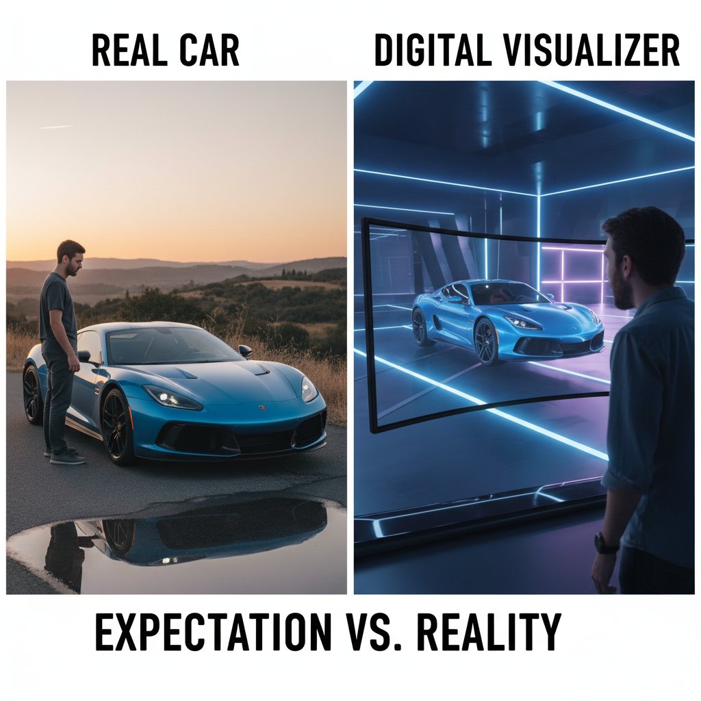 Person comparing a real car to its digital visualizer rendering, car visualizer vs real car, expectation vs reality