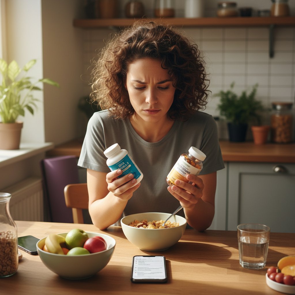 Osoba analizująca różne suplementy, wybór DHA w codziennym życiu