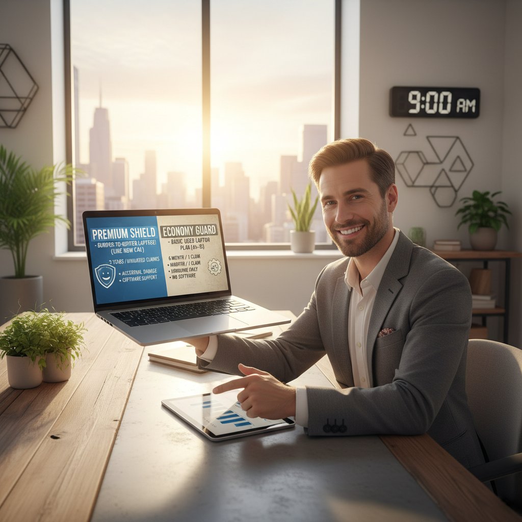 Empowered car buyer comparing warranty options on a laptop in a modern workspace, tech-forward, used car warranty comparison