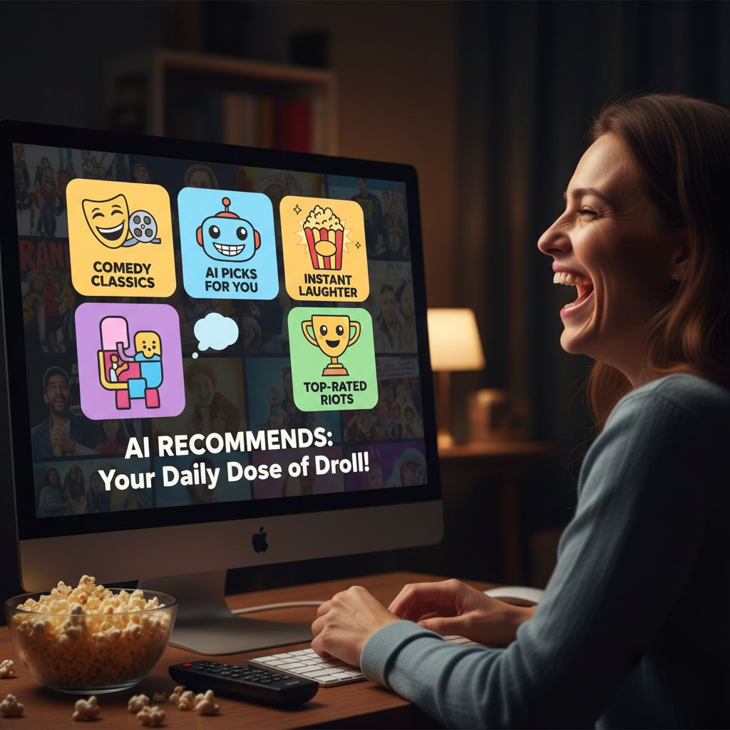 Person working at computer analyzing AI recommendations for comedy movies, bold icons, high contrast, recommendation engine