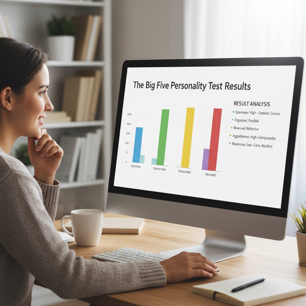 Zbliżenie na ekran komputera z otwartym testem Wielkiej Piątki, osoba analizuje wyniki