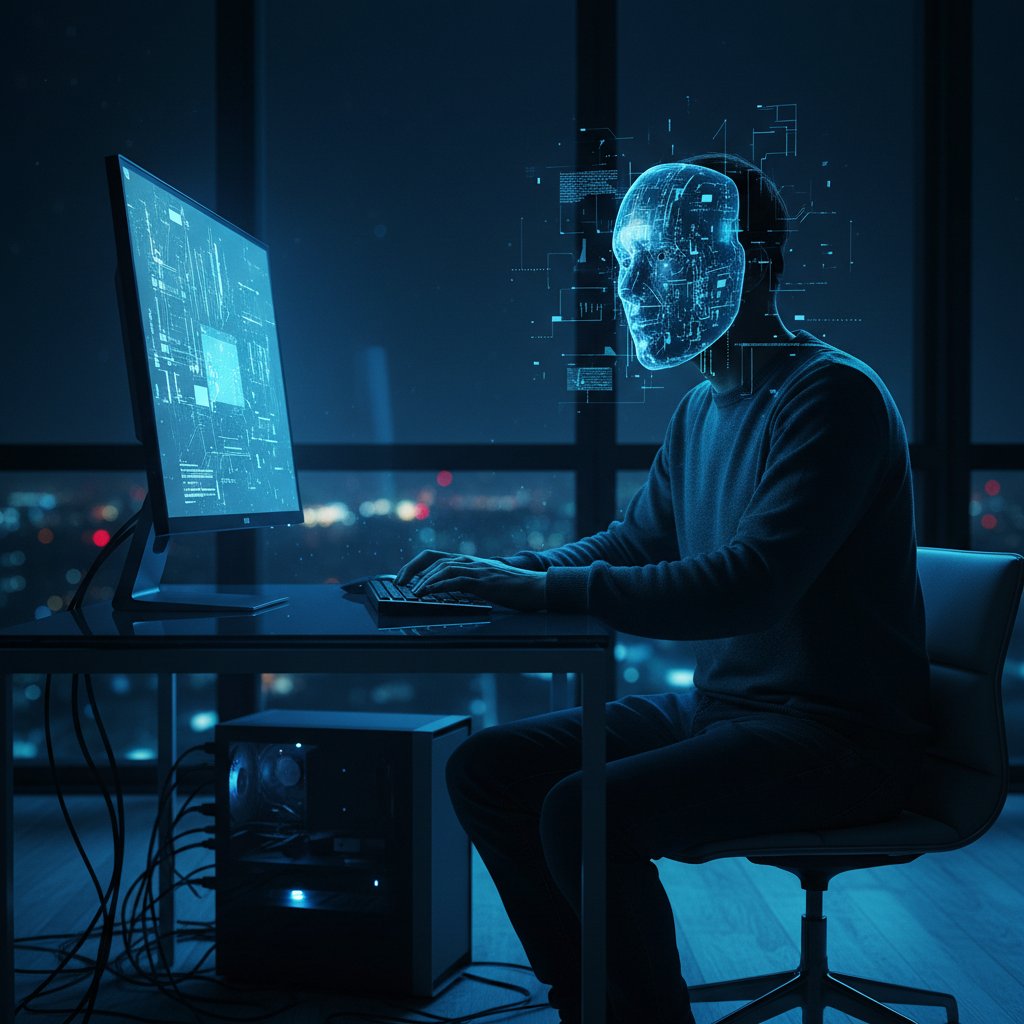 Zdjęcie młodej osoby przy komputerze, światło z ekranu i cyfrowe maski – symbol transformacji w chatgpt role playing