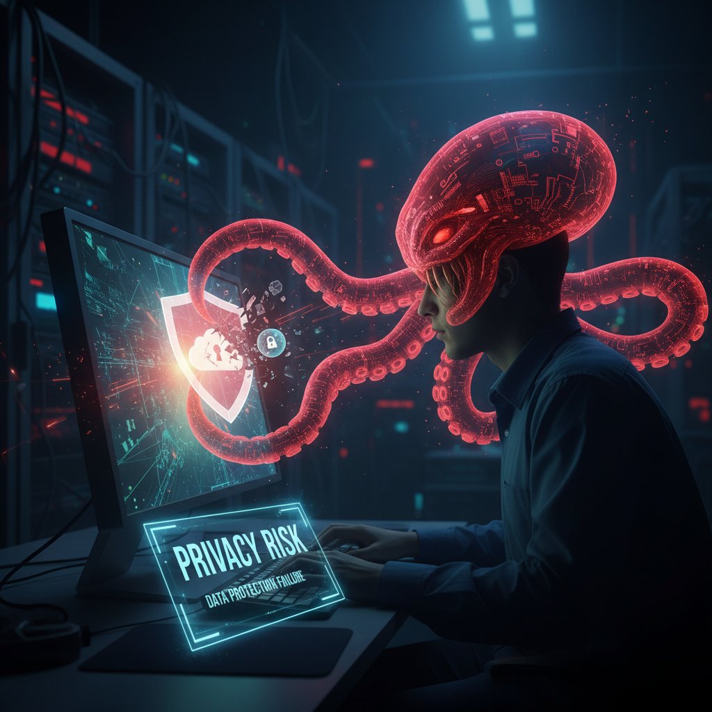 Osoba pracująca na komputerze, w tle widać zasłonięte dane osobowe, symboliczne zagrożenie dla prywatności