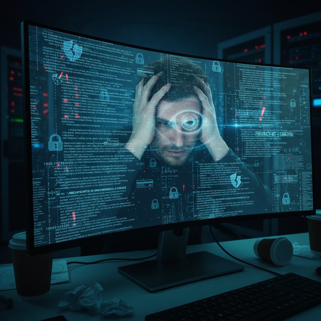 Zbliżenie na osobę zamyśloną, siedzącą przed komputerem i otoczoną kodami danych, atmosfera niepokoju