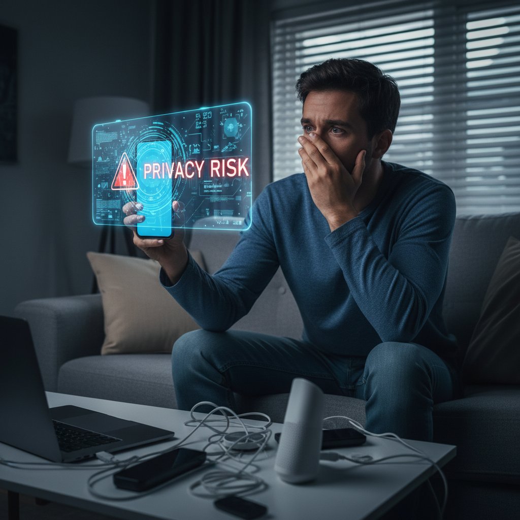 Osoba zaniepokojona prywatnością podczas korzystania z aplikacji AI w domu